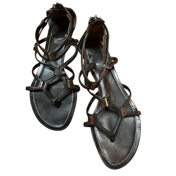 Rene Caovilla Black Leather Flat Gladiator Sandal Zip Back Silver Accent 38/8 - Picture 16 of 16